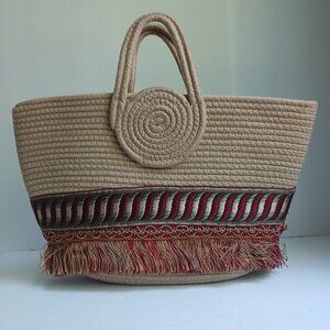 Soft Natural Rope Satchel Tote Bag Rich Circular Handle Embroidery & Fringe